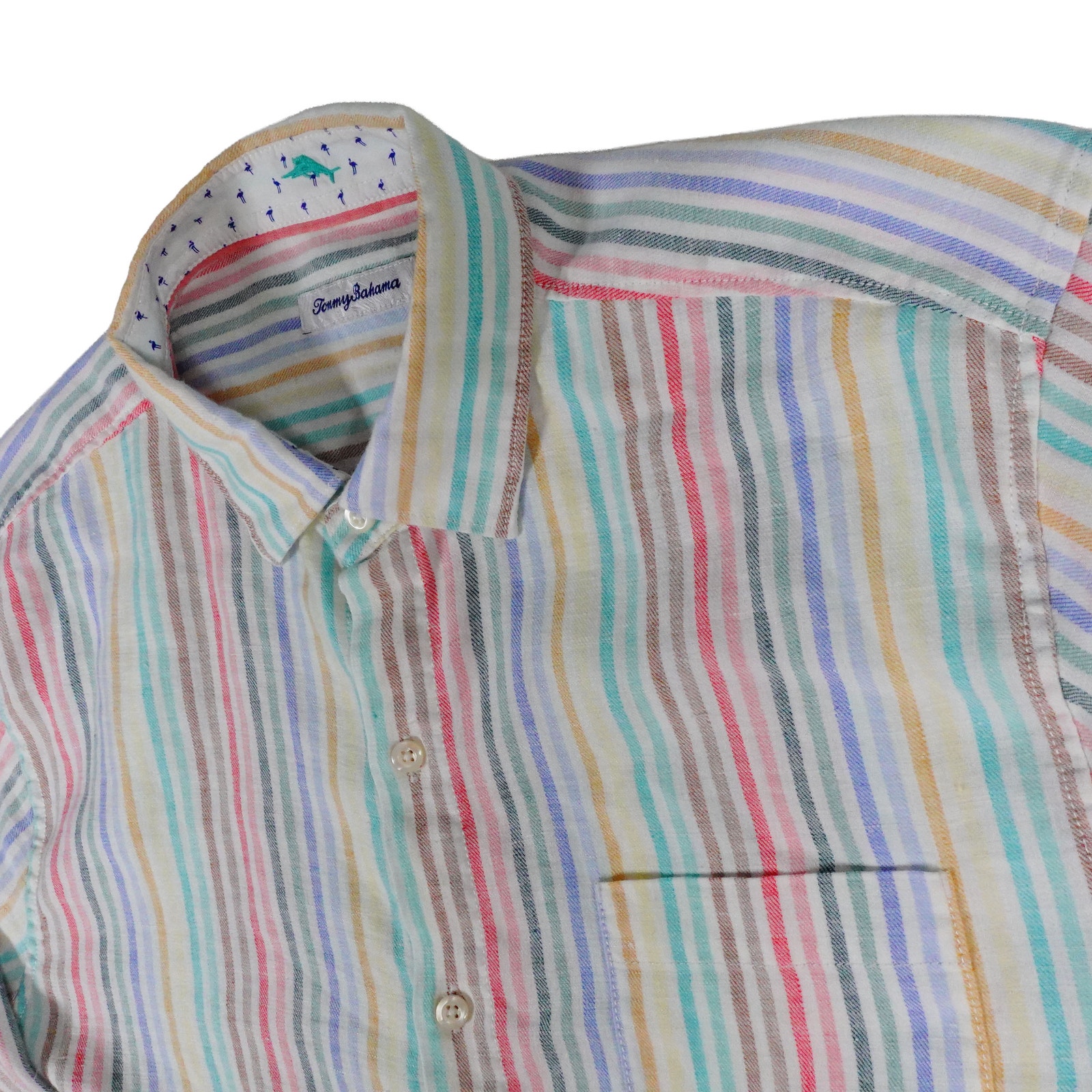 Tommy Bahama Linen Colorful Striped Tropical Button Up Long Sleeve Shirt Large